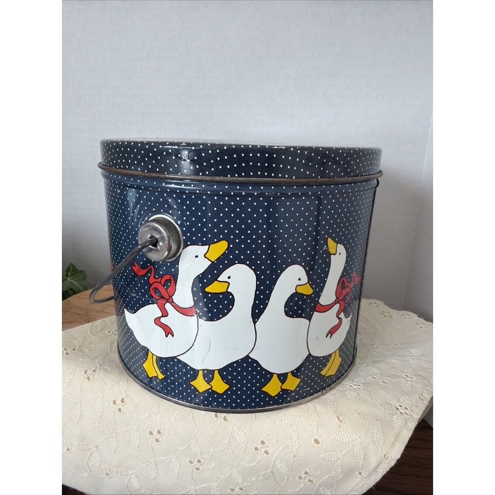 Vintage 1986 Howard Design Goose Tin Bucket Blue Polka Dot Farmhouse